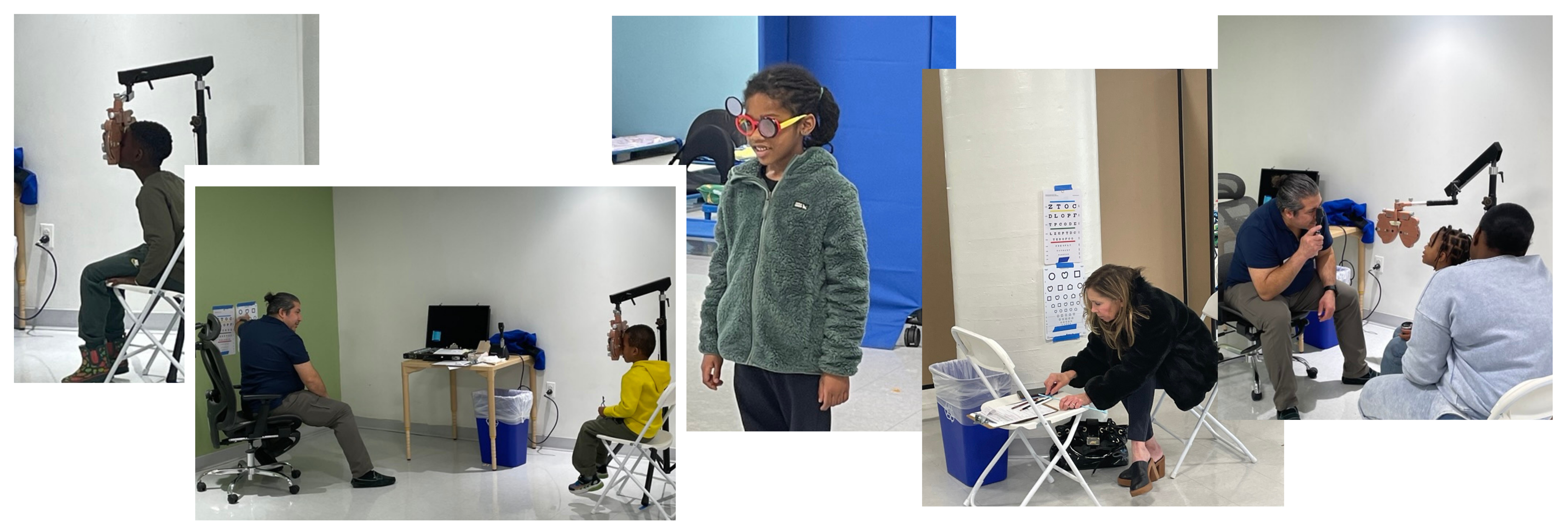 photo collage of kids being assessed for and receiving glasses at a Glasses4Scholars event
