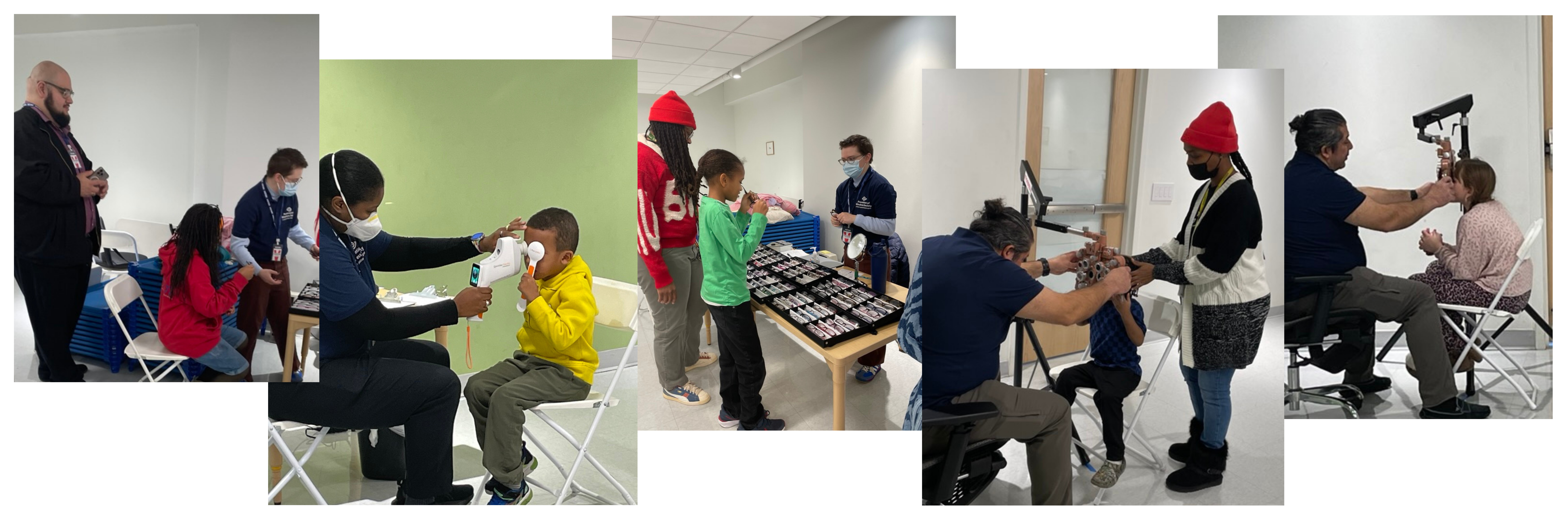 photo collage of kids being assessed for and receiving glasses at a Glasses4Scholars event