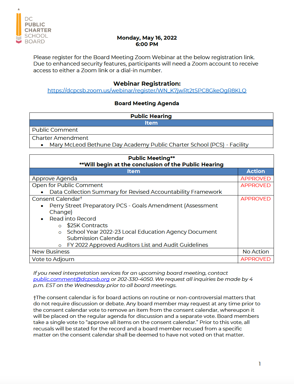 DC PCSB May Board Meeting Agenda Final Actions