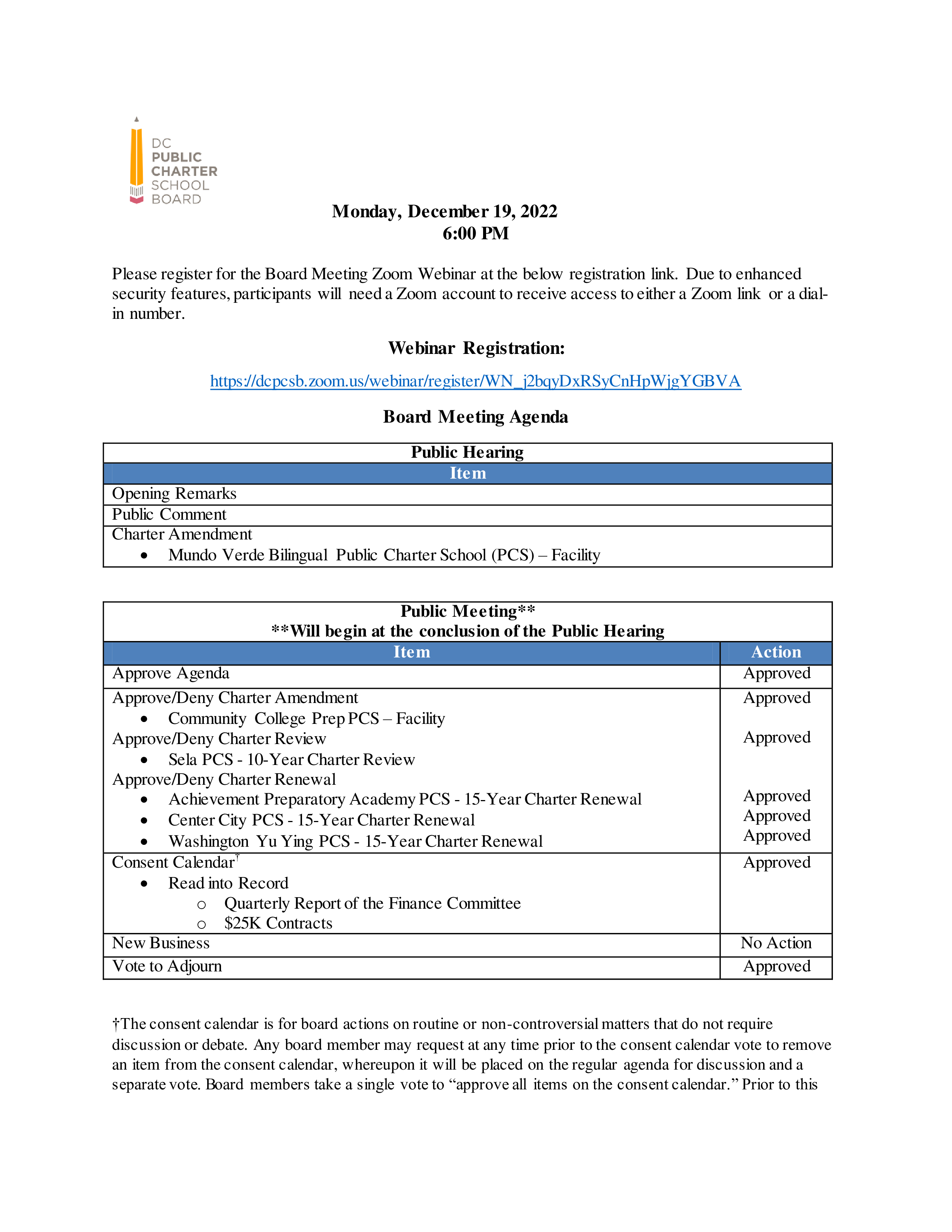 December Board Meeting Updated Agenda