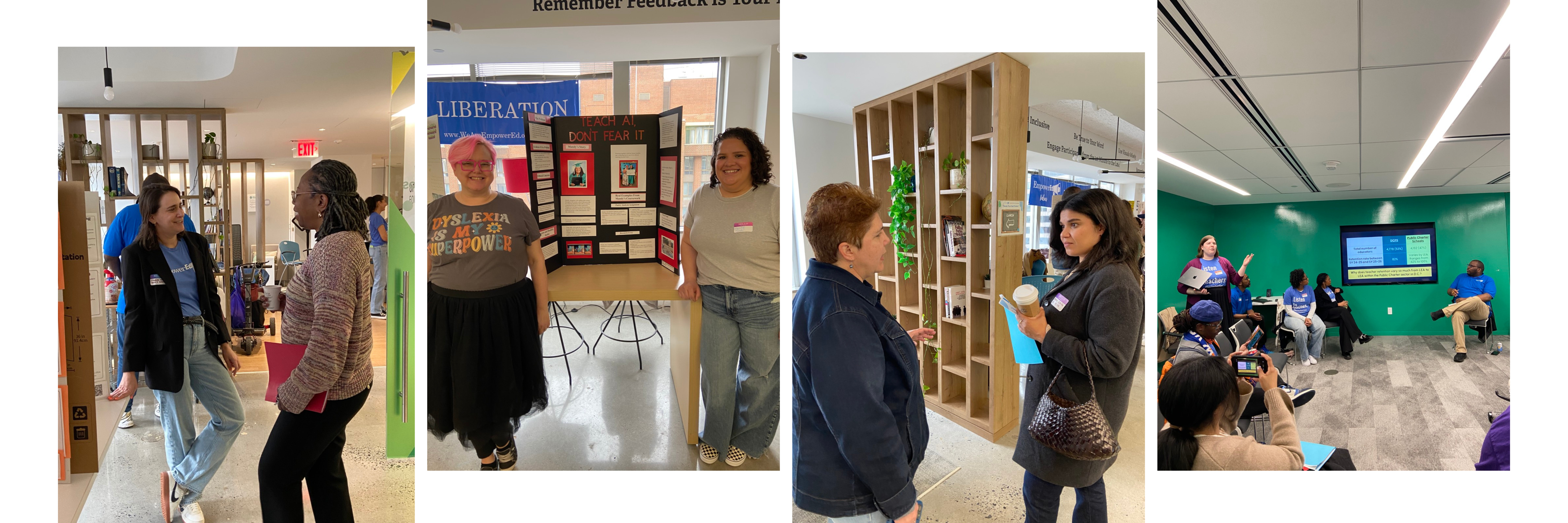 collage of images of people talking, poster boards, and collaboration
