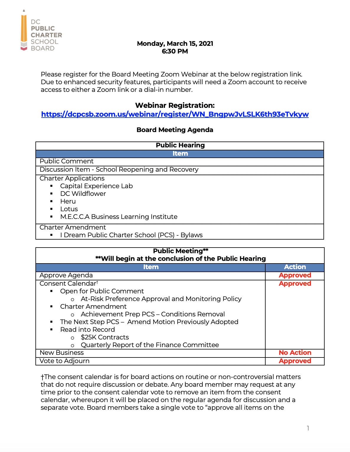 March 2021 Board Meeting Agenda