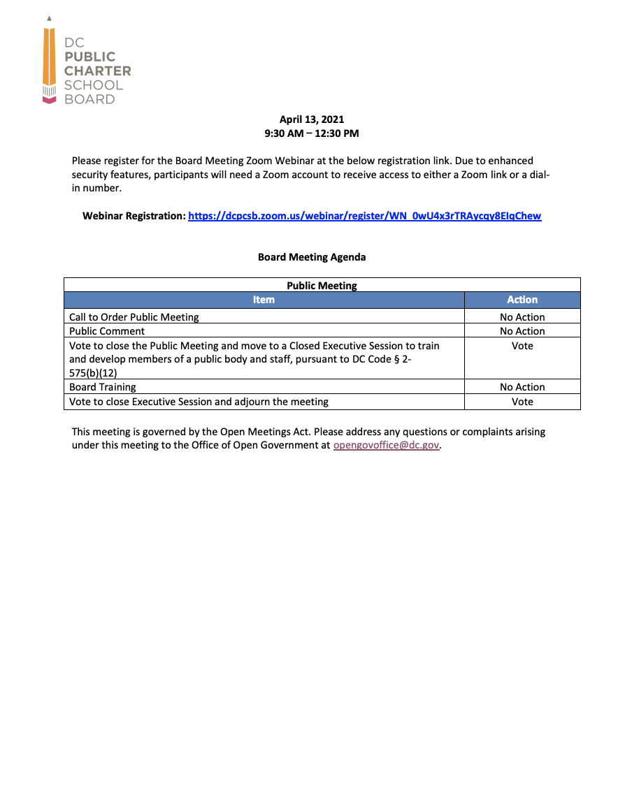 April 2021 Special Board Meeting Agenda