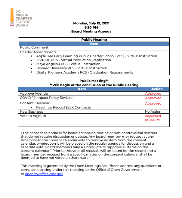 July 2021 Agenda