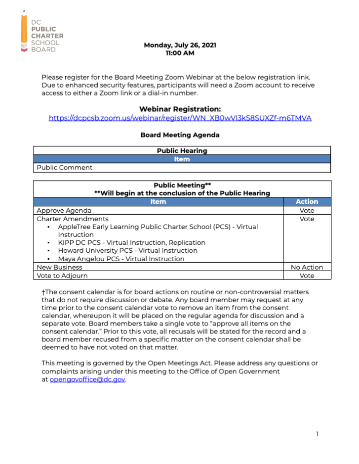 July Special Meeting Agenda