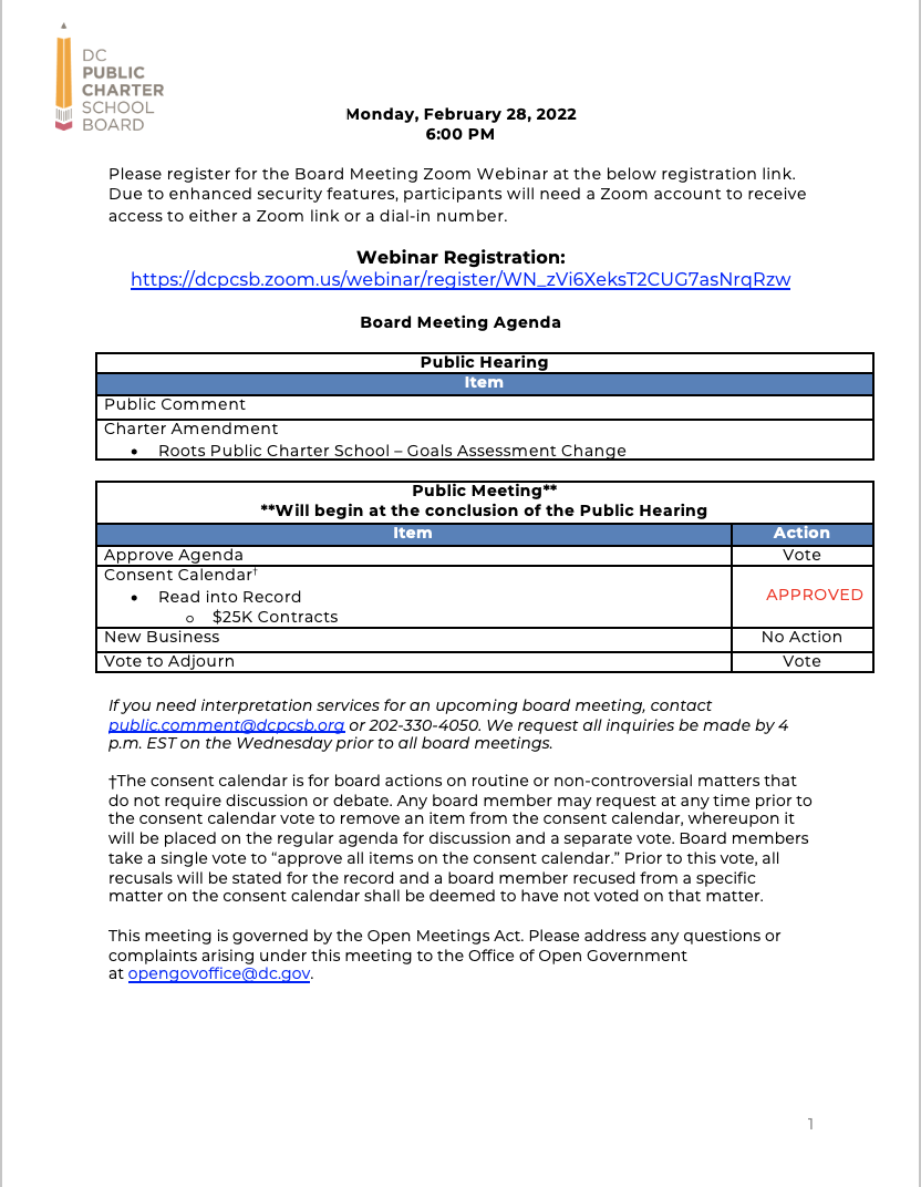 February 2022 DC PCSB Board Meeting Agenda