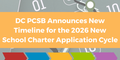 timeline-related graphics under a yellow banner with black text reading "DC PCSB Announces New Timeline for the 2026 New School Charter Application Cycle - Shifting Cycle to the Fall While Lengthening the Planning Year"