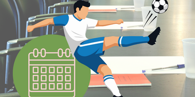 translucent image of a board room overlaid with pictures of a calendar a soccer player kicking a ball