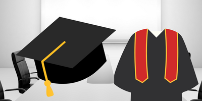 image of an empty board room overlaid with a graduation cap and gown