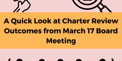 cover image reads "A Quick Look at Charter Review Outcomes from March 17 Board Meeting" on a yellow banner in the center surrounded by clipart images on a pink background