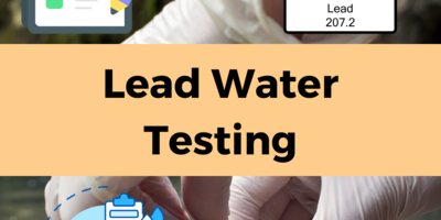 image of water testing surrounded by testing-themed graphics and the elemental symbol for lead, all under a yellow banner with black text reading "Lead Water Testing"